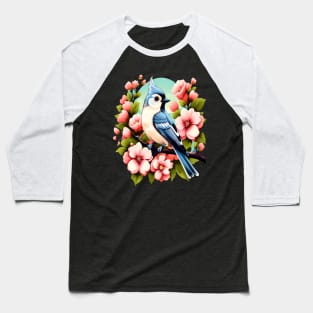 Cute Tufted Titmouse Surrounded by Vibrant Spring Flowers Baseball T-Shirt